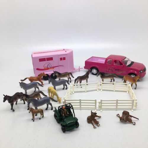 New Ray Pink Pickup Truck with Horse Trailer & Mixed Lot of Horses- Read Descrip - $21.75