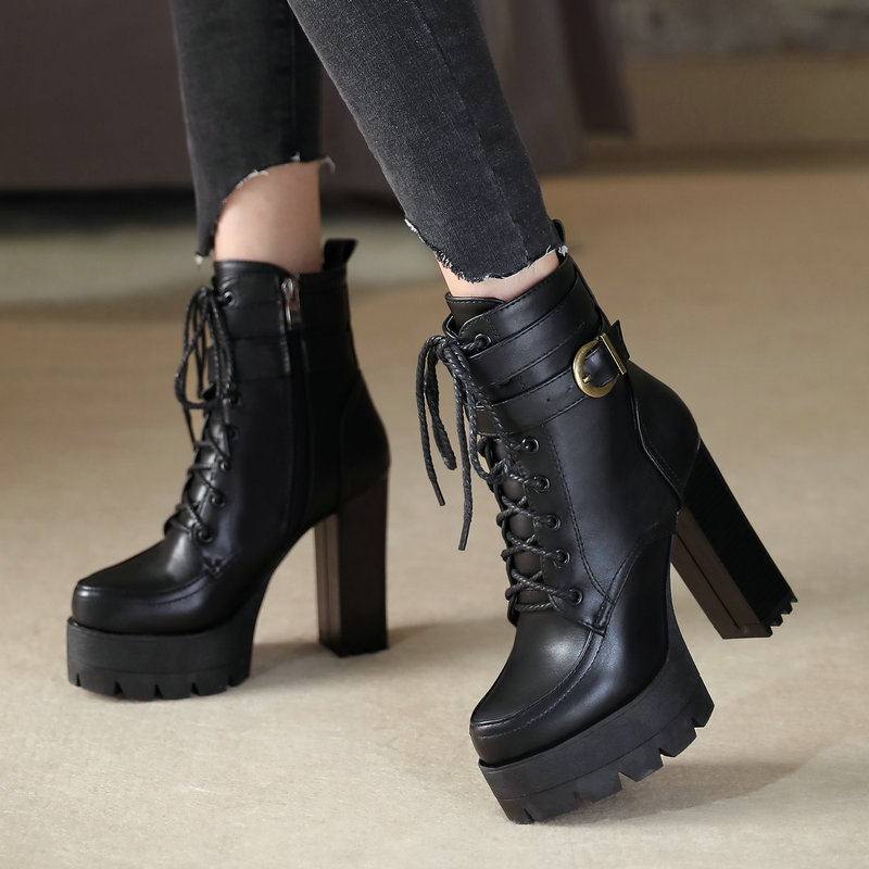 Fashion Platform Women Boots Square High Heel Ankle Boots Lace Up ...