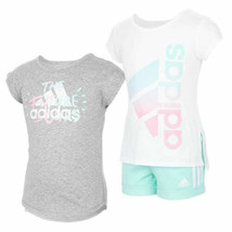 Adidas Three (3) Pc Shorts &amp; Shirt Set ~ Girl&#39;s Size 5 ~ Gray ~ White ~ Green - £20.97 GBP