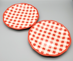 Pioneer Woman Red Plaid Luncheon Plates Pair Gingham 9&quot; D Stoneware Salad VG - £19.69 GBP
