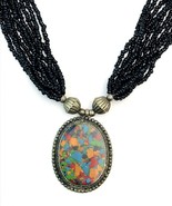 Vintage Tribal Multi Strand Black Seed Bead Necklace Silver Gemstone Pen... - $49.50