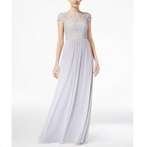 Adrianna Papell Women 4 Silver Short Sleeve Illusion Lace Jeweled Lined Gown NWT - £47.86 GBP
