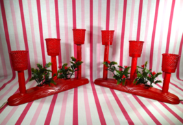 Vintage Christmas 2pc Red Electric Candelabra 3 Candles w/ Shades + Holly Decor - £38.36 GBP