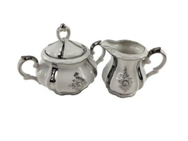 Vintage Porcelain White Silver Flower Creamer &amp; Sugar Bowl with Lid - £15.79 GBP