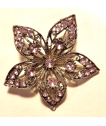 Floral Brooch Pin Lavender Purple Rhinestones Silver Tone Filigree  Setting - $26.59 CAD
