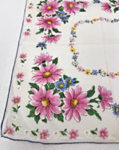 Vintage Cotton Hankie Stunning Bright Pink Daisies w Blue Yellow Flowers... - $14.36