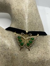 Vintage Jade Butterfly Choker Golden Bronze Deco Pendant Necklace - £65.94 GBP