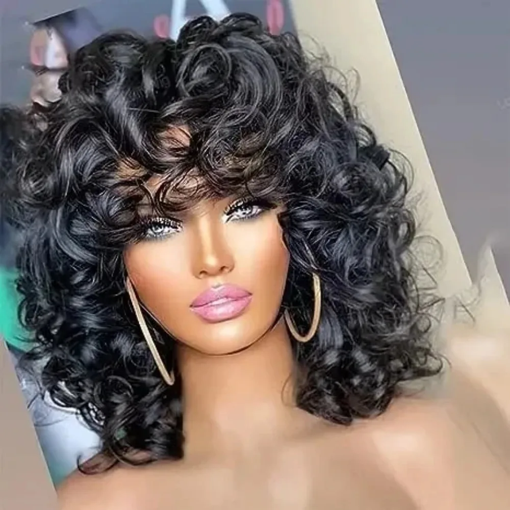 Glueless Bouncy Curly Bob Wigs Afro Rose Curly Funmi Wigs With Bangs Machine - £44.70 GBP+