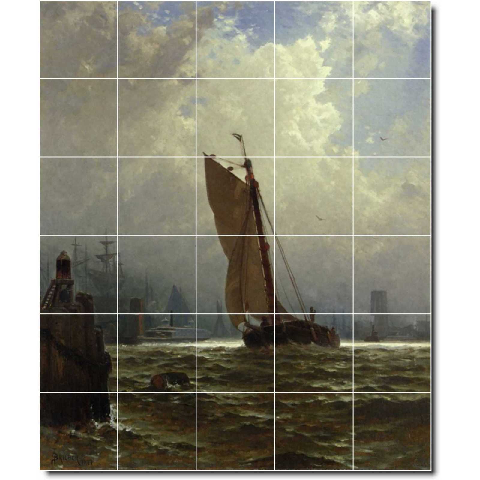 Bricher alfred new york harbor with the brooklyn bridge under construction