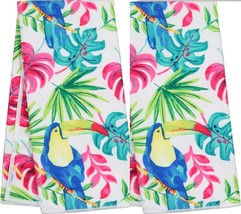2 Same Printed Microfiber TOWELS(15&quot;x25&quot;) Tropical Bird,Parrot &amp; Palm Leaves, Gr - £8.83 GBP
