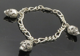 925 Sterling Silver - Vintage Shiny Skull Head Charmed Chain Bracelet - BT4150 - £144.61 GBP