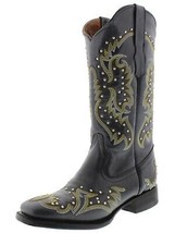 Womens Black Western Cowboy Boots Silver Studs Stitched Square Toe - £63.54 GBP