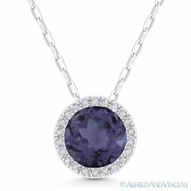 1.65ct Synthetic Alexandrite &amp; Diamond Halo Pendant &amp; Necklace in 14k White Gold - £297.59 GBP