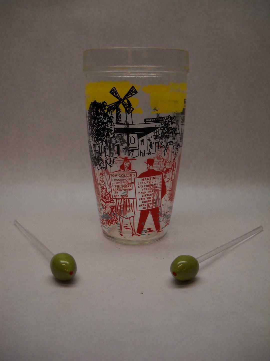 VINTAGE Glass TUMBLER Painted PARIS Art Drink RECIPIES 2 Glass OLIVE Stir STICKS - $7.42