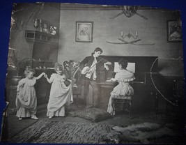 Vintage Victorian Musical Family Black &amp; White Litho Picture - £3.13 GBP