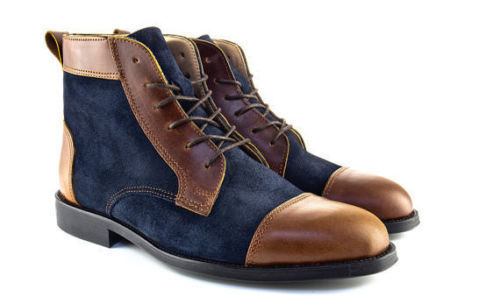 Two Tone High Ankle Boots Tan Blue Suede Leather Cap Toe Laceup Premium Quality