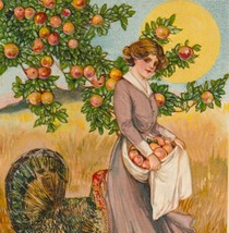 U/S Schmucker Turkey, Pretty Woman Holding Apples Antique Thanksgiving Postcard - £47.45 GBP