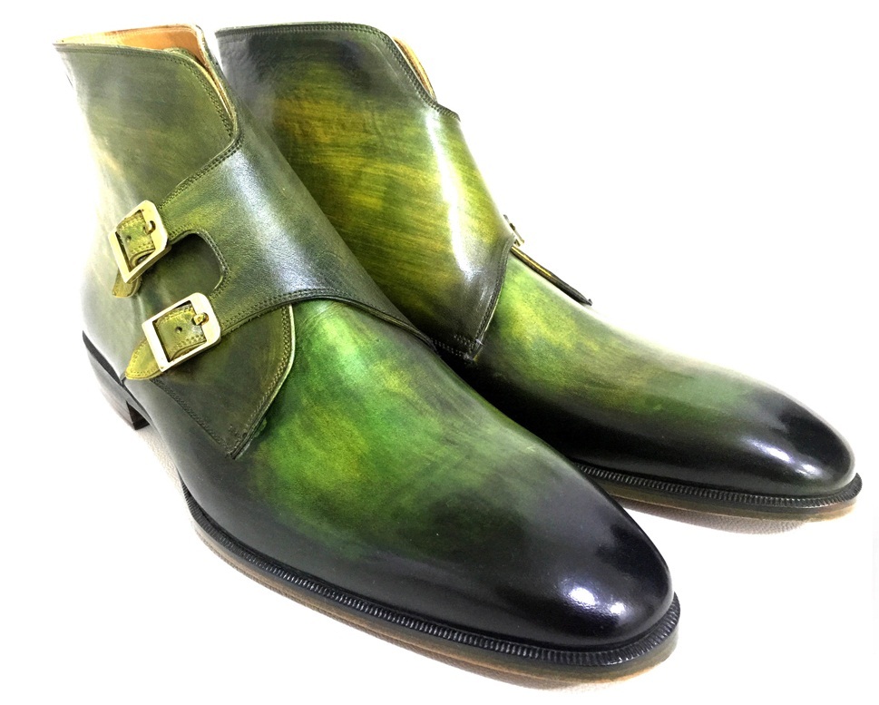 Men Green Black Cont  Monk Double Buckle Straps High Ankle Leather Boot US 7-16