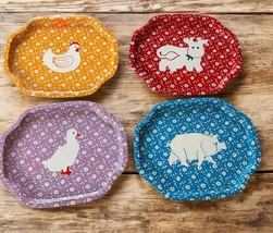 4 Vintage Country Calico Thin Tin Trinket Trays Barnyard Farm Animals JSNY - $15.27