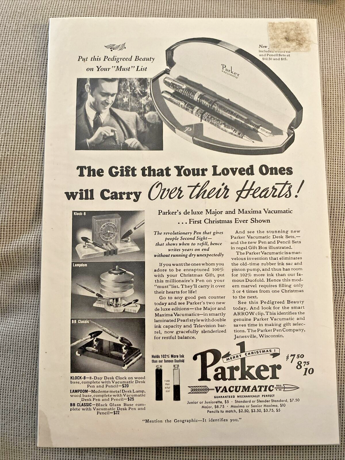 Parker Vacumatic Pen Ad Advertisement 1950s Christmas Art Black White in... - $18.49