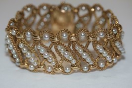 Estate 18K Yellow Gold Fancy Braided Mesh Graduated Pearls Wide Bracelet 74.1 Gr - £3,958.26 GBP