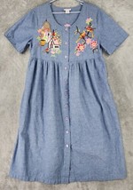 Go Softly Patio Dress Womens Medium Blue Denim Embroidered Bird house Bu... - £31.45 GBP