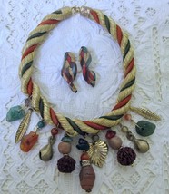 Vtg Rope Twist Necklace w Bead &amp; Brass Dangles &amp; Earrings Gold Rust Green Artsy - £16.78 GBP