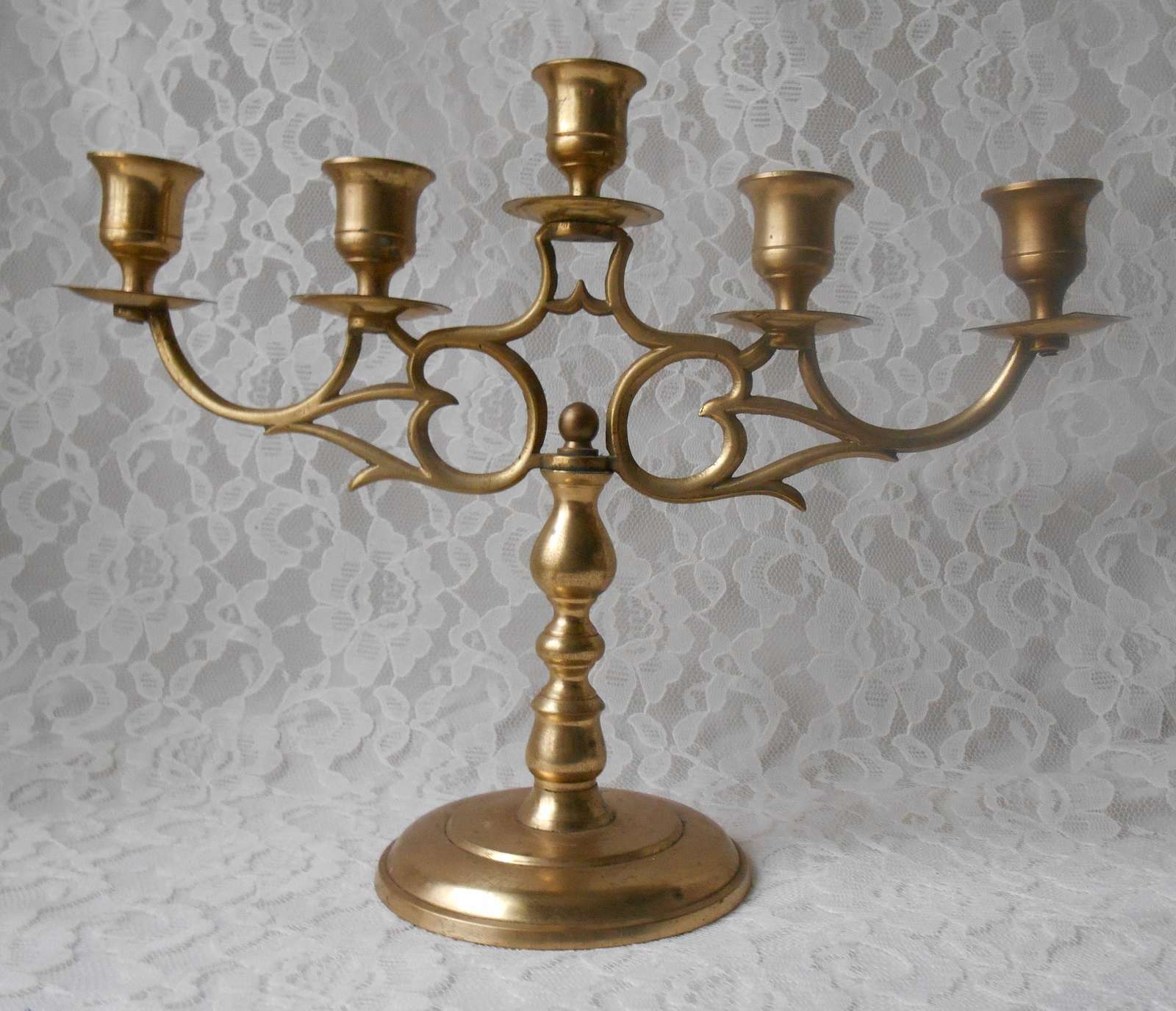 Primary image for Vintage 5 Arm Candelabra Brass Candle Holder Entertaining Dining Altar 9-3/4" H