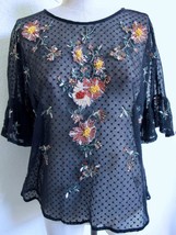 Anthropologie Maeve Cadiz Mesh Top S Floral Embroidery Ruffle Lace Sleeve Black - £22.79 GBP