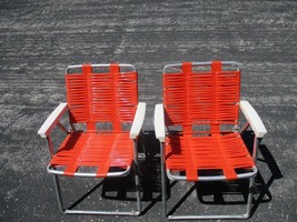2 Vintage Orange Vinyl Plastic Tubing Aluminum Folding Lawn Beach Chairs - £124.29 GBP