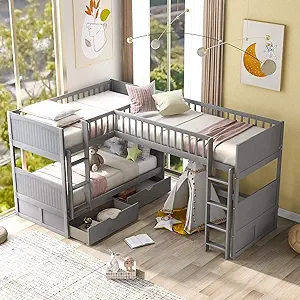Twin Over Twin Bunk Bed With A Loftbed Attached, Wooden L-Shaped Triple ... - $1,053.99