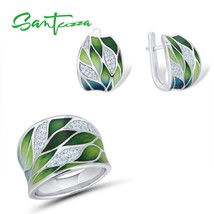 925 Silver Jewelry Set For Women Green Bamboo Leaves Dazzling Earrings Ring Set  - £94.81 GBP