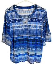 Susan Graver Printed Liquid Knit Top with Sheer Chiffon Sleeves Blue White Large - £15.97 GBP