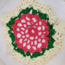 Vintage Pink Green White Handmade Crochet Doily 12.5&quot; Round - $10.40