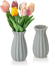 Two 7-Inch Vintage Matte Gray Tulip Design Ribbed Ceramic Flower Vases From - £32.04 GBP