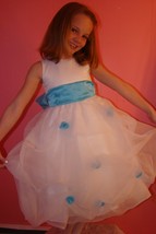 US Angels Flower Girl Dress #909 White with Aqua Sash  and Rosebuds Size 4 - $120.55