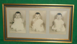 Vtg Home Decor Mid Cent Modern Baby Room Nursery Sepia Glass Frame Photo Triplet - £24.45 GBP