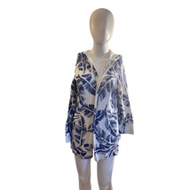 Chico’s Weekends Hoodie Cardigan Size 1 M Blue White Leaf Print Zip Cotton - $31.68