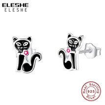 ELESHE Lovely 925 Sterling Silver Stud Earring Black Enamel Small Cat Earrings W - £11.29 GBP