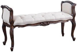 Window Bench French Style Carved Wood, Distressed Walnut, Oatmeal Linen Fabric - $989.00