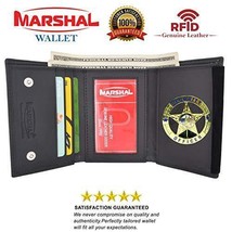 RFID Blocking Genuine Leather Trifold Round Badge Holder Wallet Black wi... - $19.06