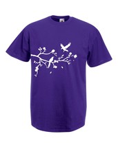 Mens T-Shirt Tree Branch, Falling Leafs, Birds, Flowers, Forest Nature Tshirt - £19.77 GBP