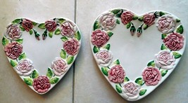 Porcelain Plate LOT 2 Heart Shape Pink Roses Portugal Signed 12&quot;x11&quot; &amp; 10&quot;x9 (A) - £31.07 GBP