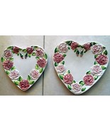 Porcelain Plate LOT 2 Heart Shape Pink Roses Portugal Signed 12&quot;x11&quot; &amp; 1... - £30.83 GBP