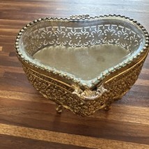 Heart Shaped Filigree Ormolu Brass Trinket Box Beveled Glass Antique - £36.83 GBP