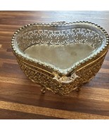 Heart Shaped Filigree Ormolu Brass Trinket Box Beveled Glass Antique - €40,59 EUR