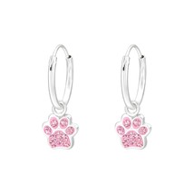 Hanging Paw Print 925 Silver Hoop Earrings with Light Rose Crystals - $16.82