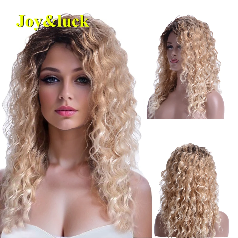 Synthetic Water Wave Wig Long Ombre Blonde Light Brown  Root Curly Hair For - £21.61 GBP+