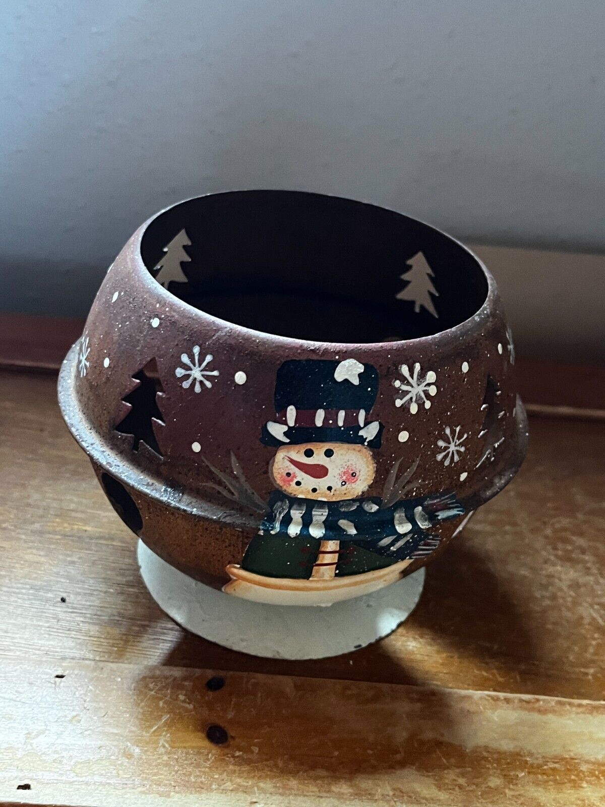 Primary image for Rusty Metal Faux Jingle Bell w Cut-Out Christmas Trees & Painted SNOWMAN Candle