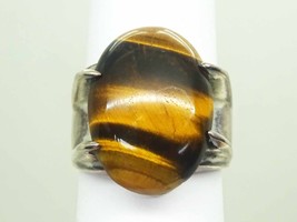 Large Oval Tiger’s Eye Cabochon Ring Solid Sterling Silver Size 10.5 - £143.08 GBP
